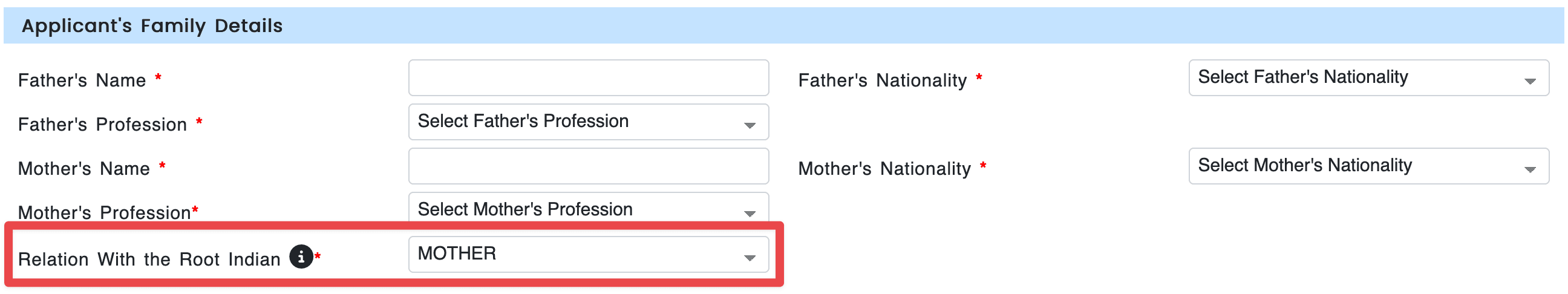 The form asks for the relation through which the Indian origin is established. However, for some strange reason, the same field does not appear in the completed form that you print out. 🤷
