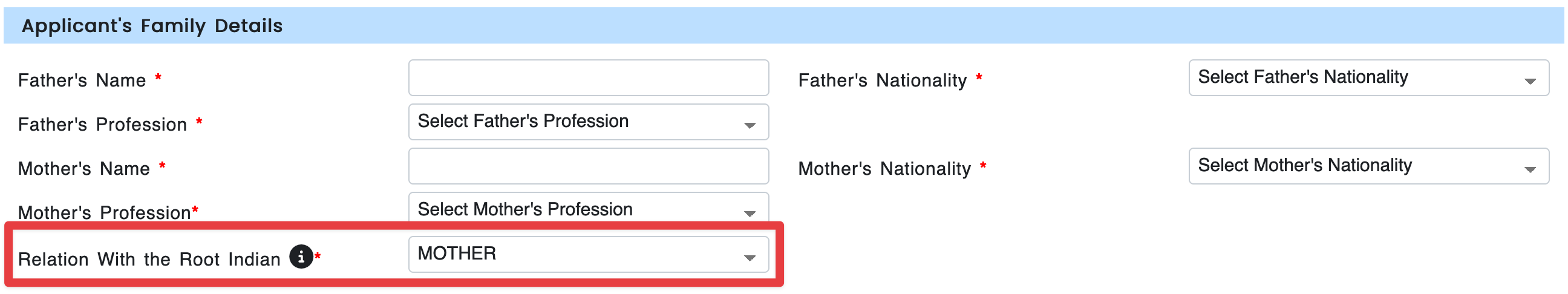 The form asks for the relation through which the Indian origin is established. However, for some strange reason, the same field does not appear in the completed form that you print out. 🤷